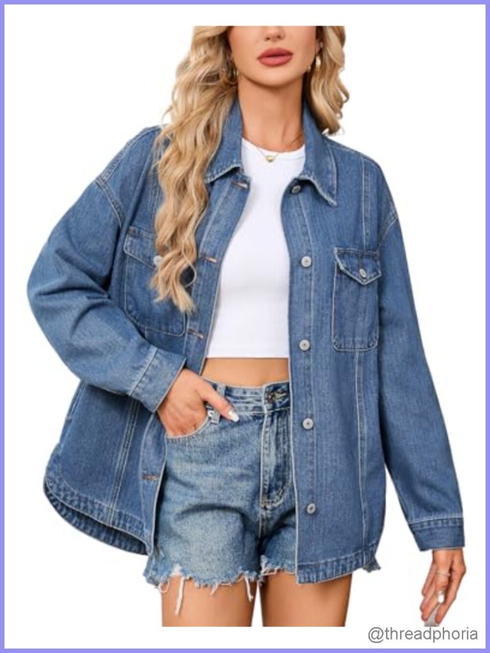 Oversized Denim Jacket Button Front Drop Shoulder Cotton Casual Jean